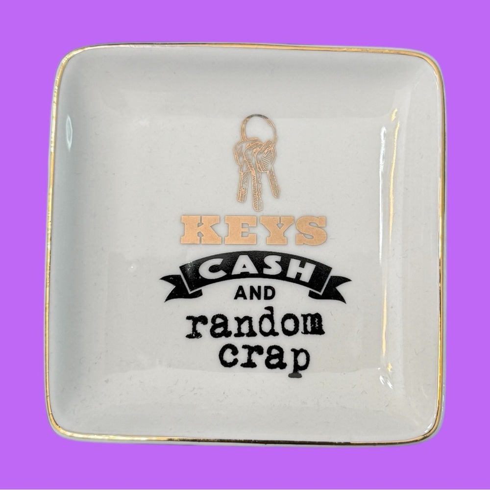 NWT White Ceramic Jewelry/Keys/Trinket Dish Black & Gold Keys & Cash 🔑💸